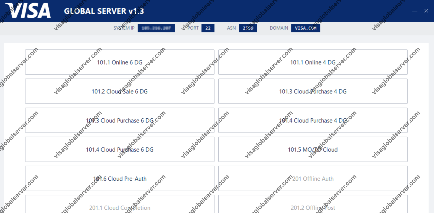 Illustration of Protocol 101 and 201 transaction workflow on Visa Global Server